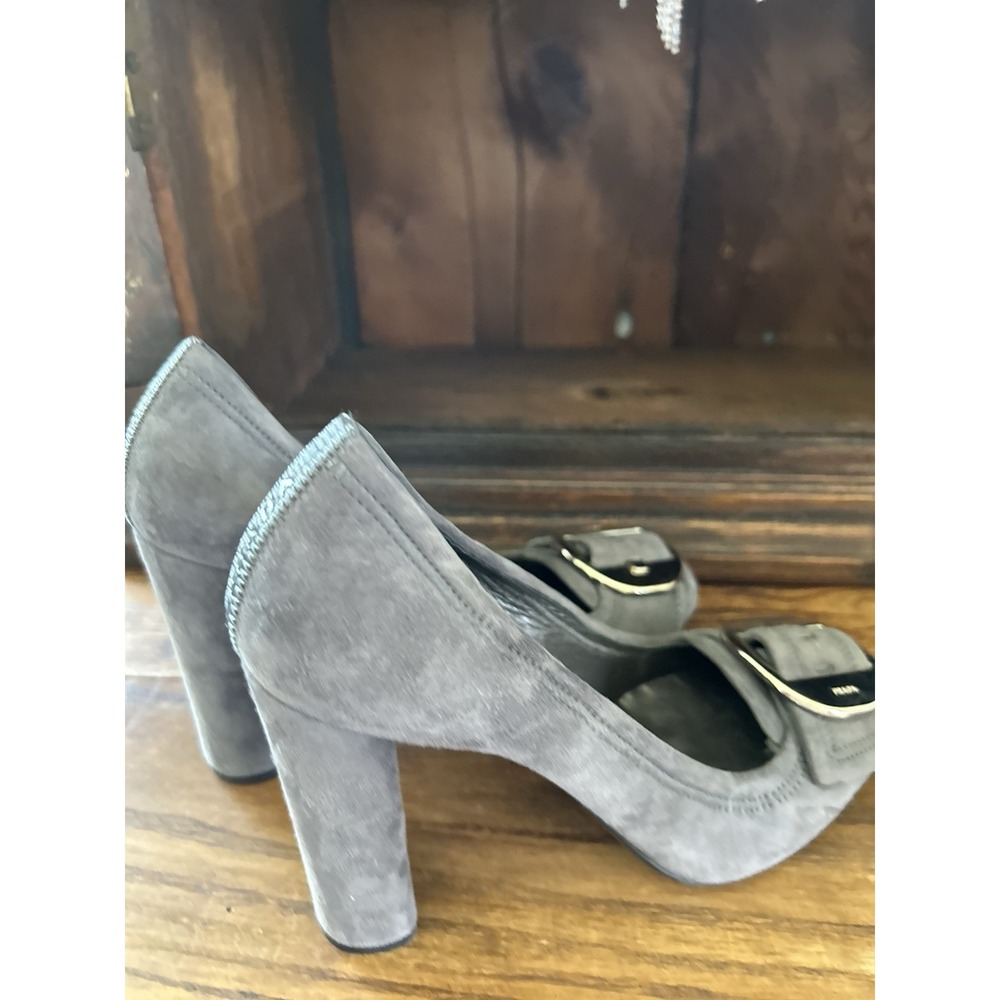 Prada‎ Suede Block Heels Gray Buckle Detail Designer Shoes Size US 7 - Picture 8 of 9